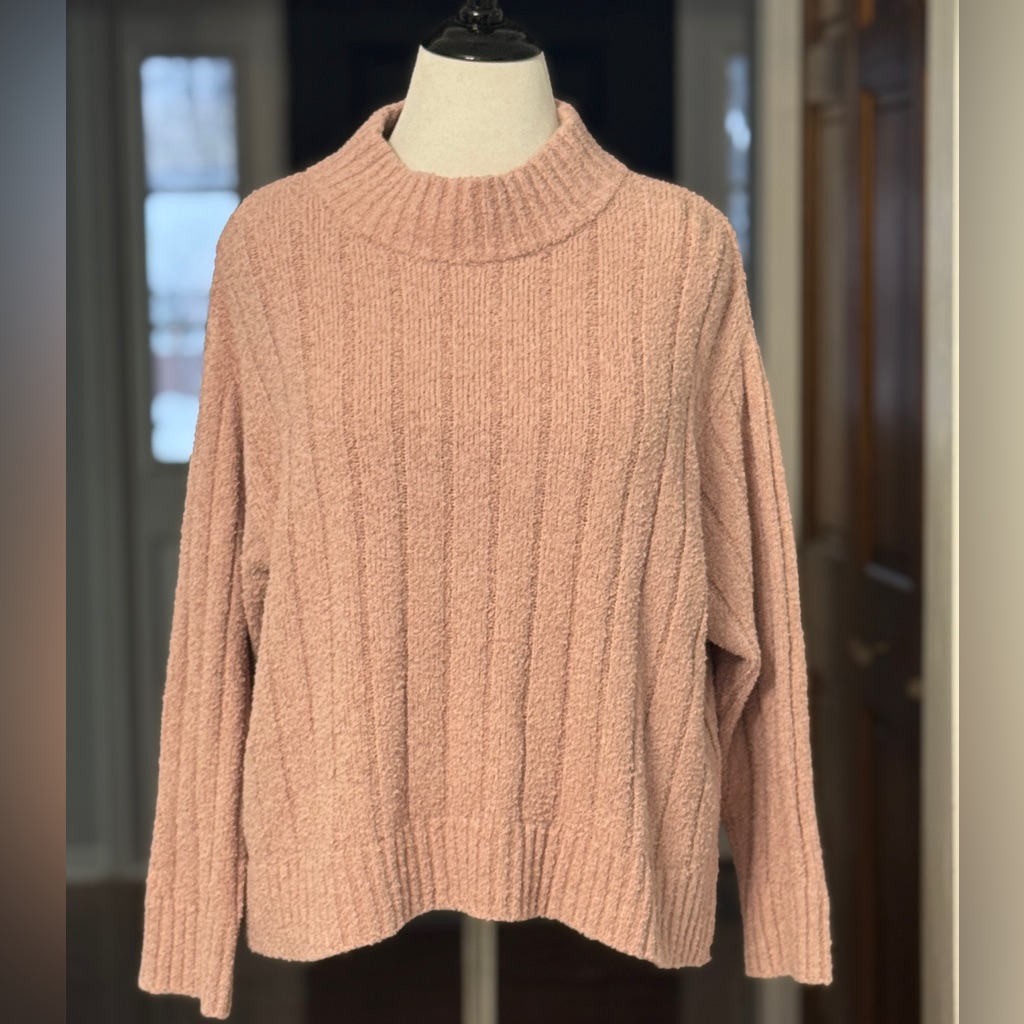 Eileen Fisher Pink Cotton Cashmere Fluff Rib Mock Neck Sweater Xl Nwt